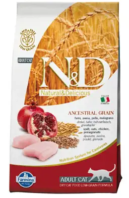 Farmina n&d ancestral grain низкозерновой корм для взрослых кошек (курица с гранатом)